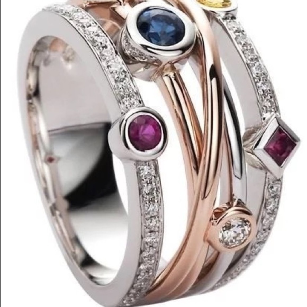 New Two Tone 925 Silver Colorful Diamond Ring - Picture 2 of 3